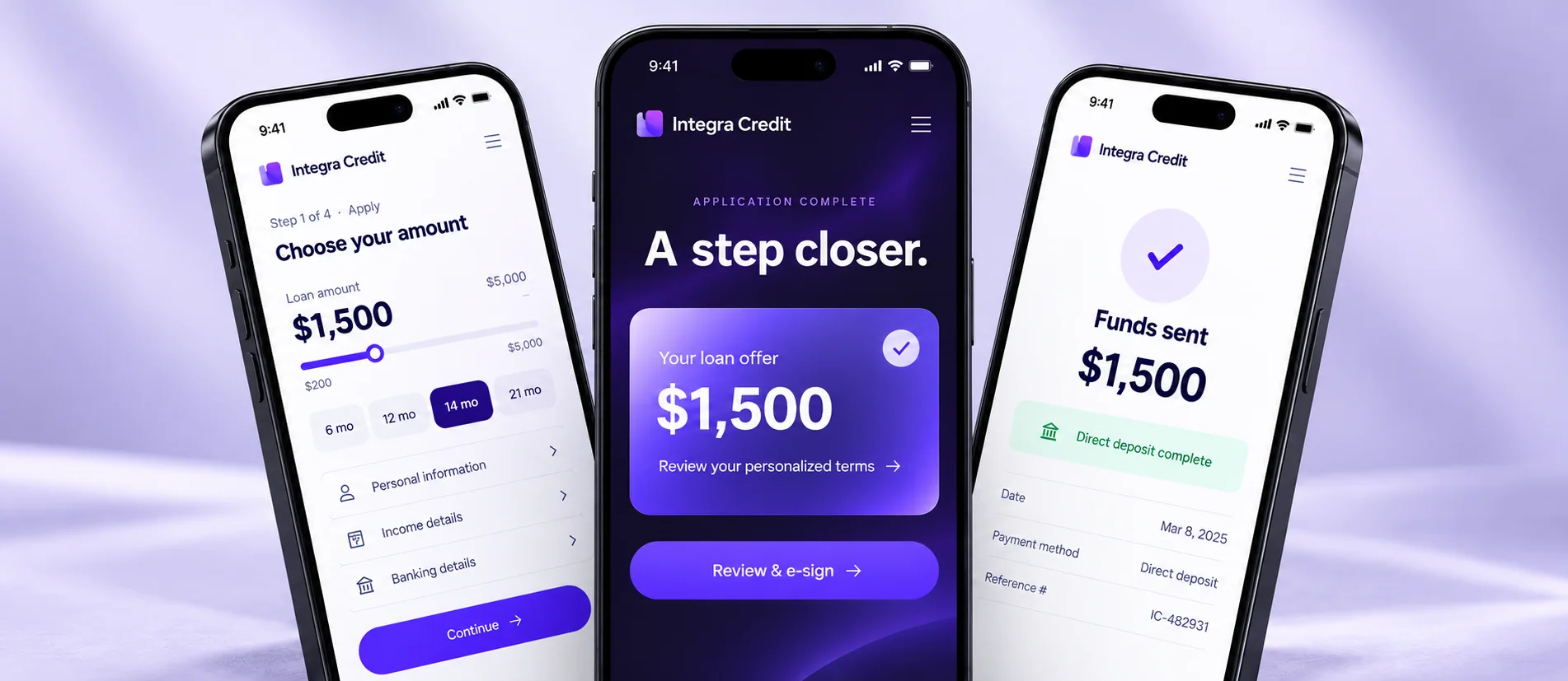 Integra Credit application in three screens: choose your amount, review your $1,500 offer and e-sign, funds sent by direct deposit
