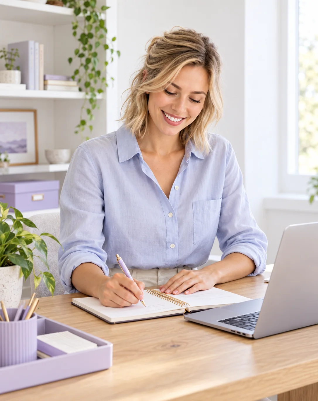 Borrower reviewing her Integra Credit payment schedule at home
